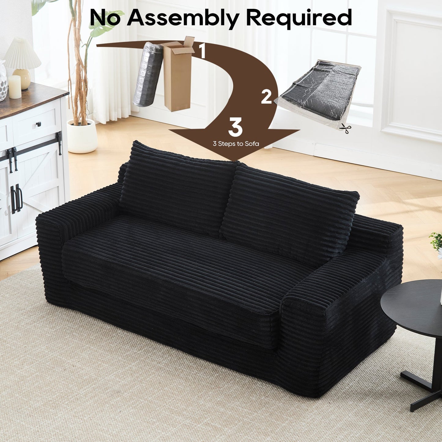 NEW Loveseat Sofa Bed with Memory Foam & Steel Frame - Convertible 2-in-1 Design, Black Corduroy, No Assembly