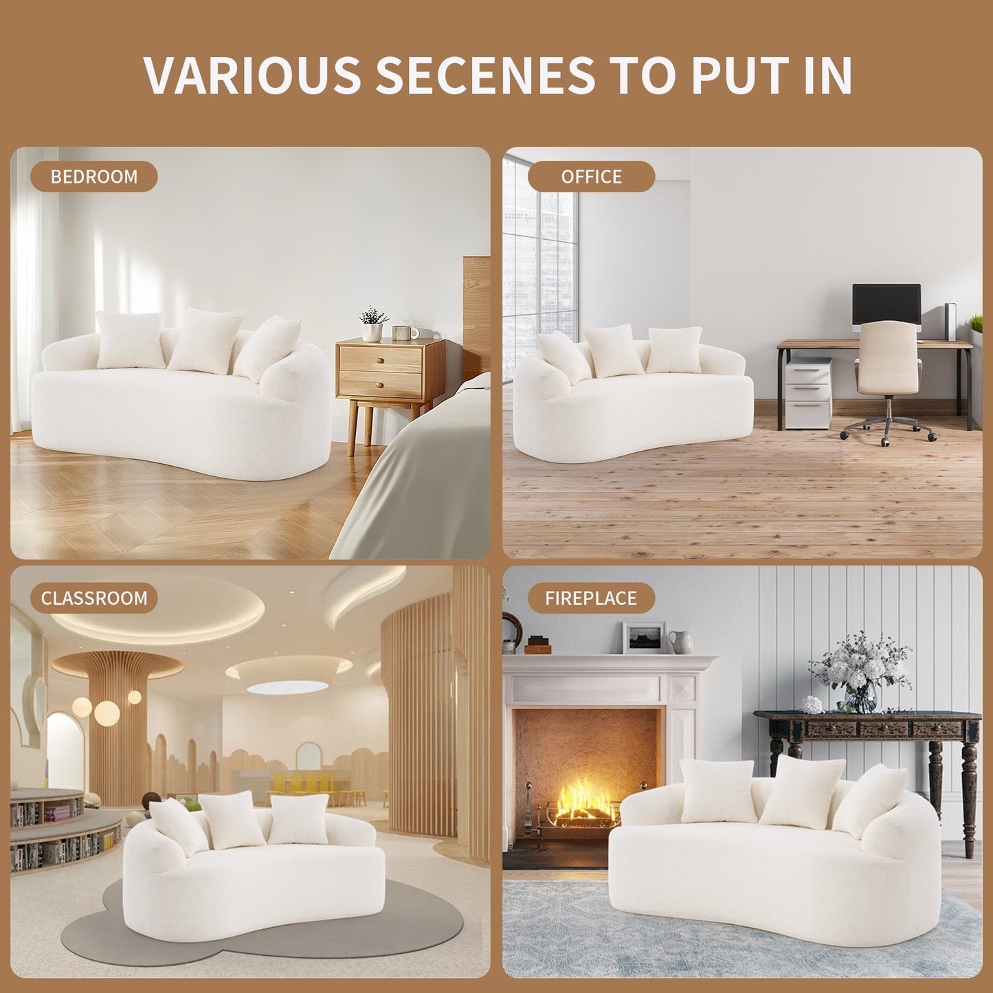 NEW LY-025S Loveseat Wood Grain Chenille Fabric Cloud White High-Density Sponge Couch Sofa