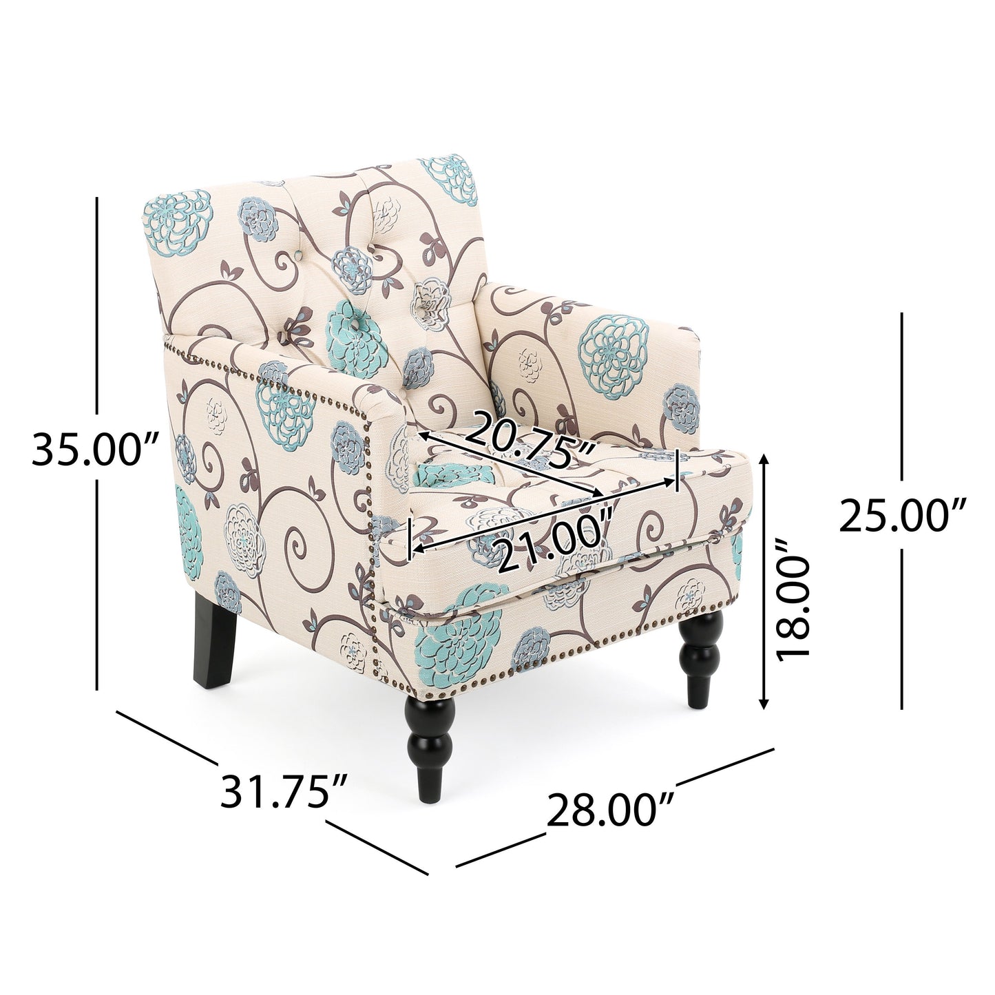 NEW Blue and White Vitality Club Chair with Button-Tufted Diamond Stitching and Turned Legs