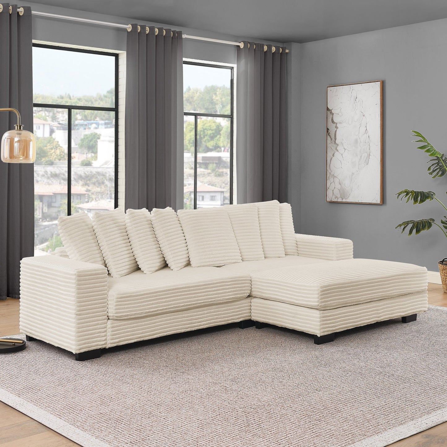 NEW Corduroy Tufted Upholstered Sleeper Sectional Sofa, L-Shaped Modular Convertible Sofa , Can freely change the position of the footrests-Beige(Assembly is required)