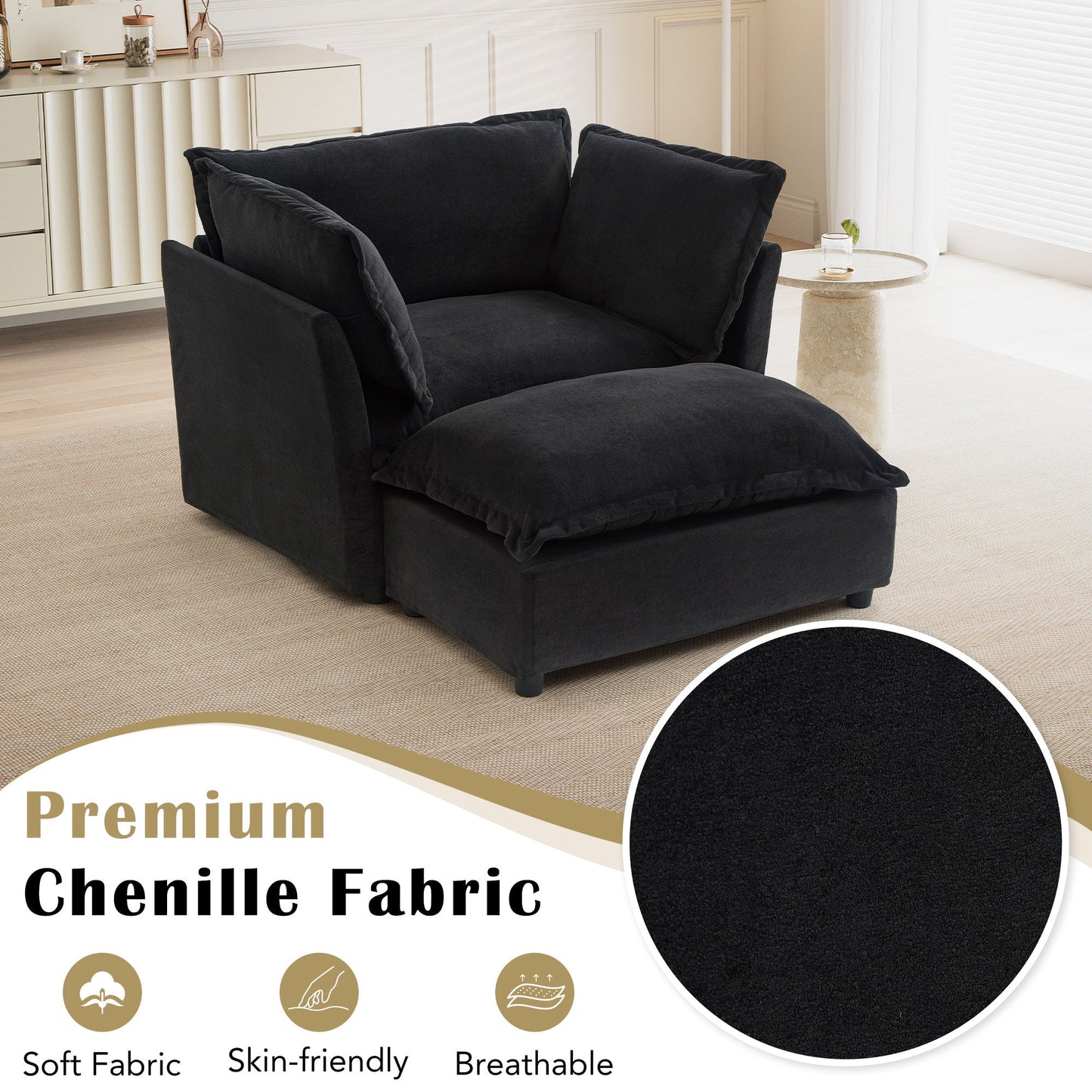 NEW Modern Armchair Sofa 47' Cozy Upholstered Sofa Chair with Movable Ottoman, Black Chenille, Wide Seat & Curved Armrests