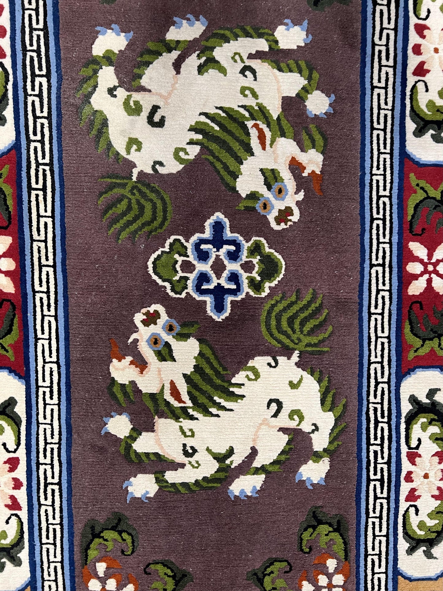 USED Chinese Art Deco Rug 3 x 5.5 with Animal Pictorials, Vintage Chinese Peking Wool Area Rug, Dark Puce Maroon Ivory, Hand Knotted Soft Carpet