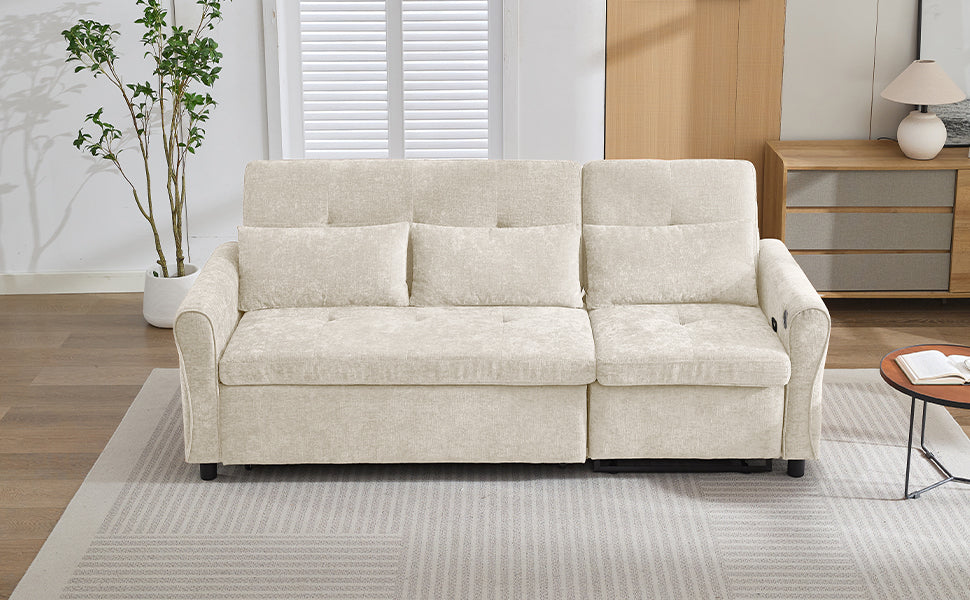 NEW Beige 82' Chenille Upholstered Two-in-One  Three-Seat Sofa with Pull-out Bed