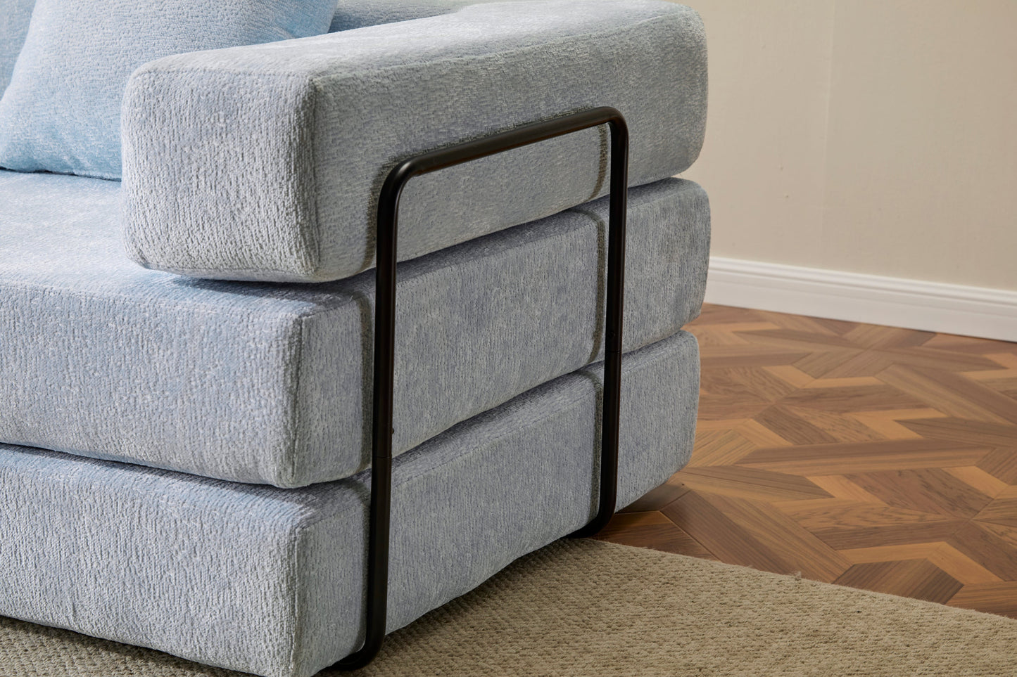 NEW Light Blue Chenille Fabric Floor Couch Compression Convertible Sofa Bed with Pillow Back Support Armrest Comfy Futon Couch Lounge Sleeper Bed