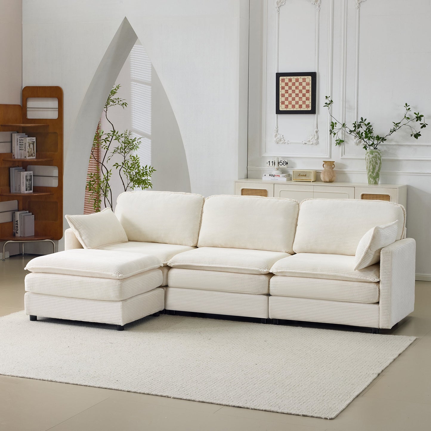 NEW 104' Plush Cloud Beige 3 Seater Modular Sofa + Ottoman with 22' Chenille Cushions and 2 Throw Pillows