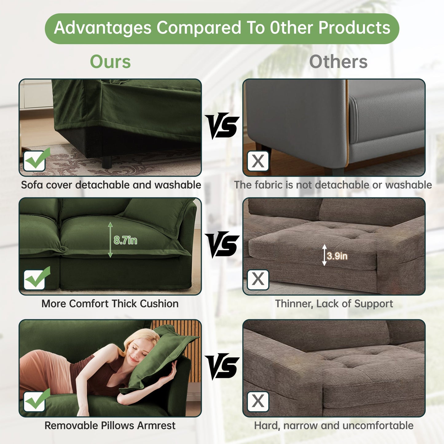 NEW Slip-covered Armchair with 1 Big Back Cushion and 2 Big Toss Pillows, Single Deep Seat Comfy Single Couch Sofa Multiple Large Soft Pillows, Chenille Fabric, Green