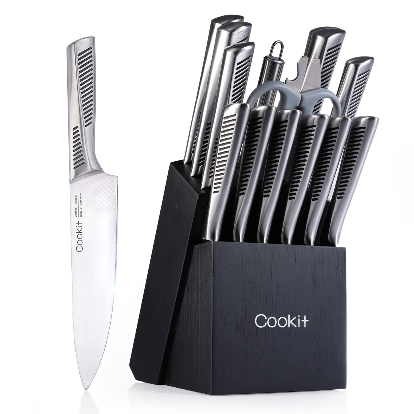 NEW Kitchen Knife Set, 15 Piece Knife Sets with Block, Chef Knives with Non-Slip German Stainless Steel Hollow Handle Cutlery Set with Multifunctional Scissors Knife Sharpener  Amazon Platform Banned
