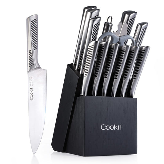 NEW Kitchen Knife Set, 15 Piece Knife Sets with Block, Chef Knives with Non-Slip German Stainless Steel Hollow Handle Cutlery Set with Multifunctional Scissors Knife Sharpener  Amazon Platform Banned