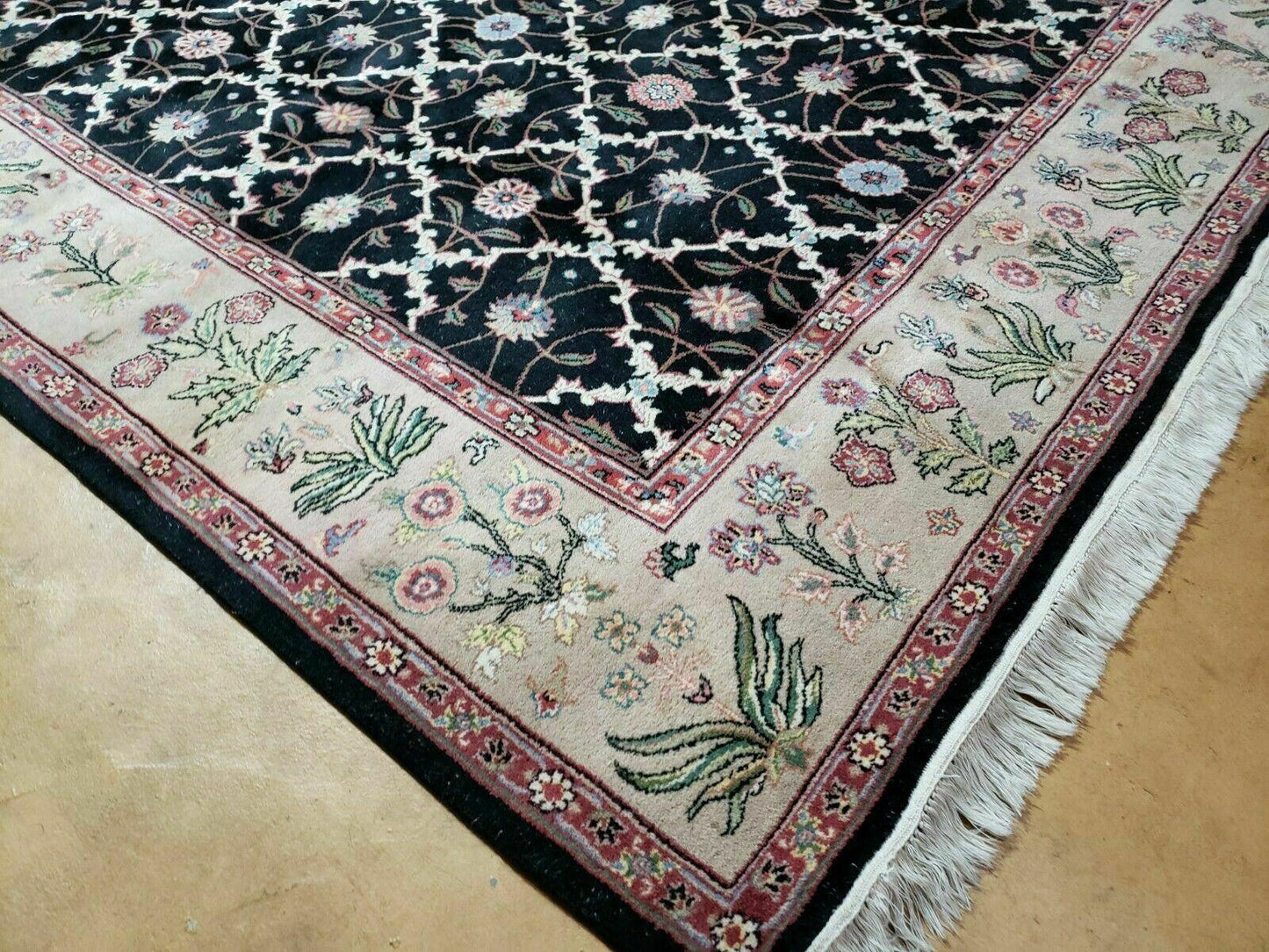 USED 6' X 9' Handmade India Floral Oriental Wool Rug Carpet Hand Knotted Nice Black