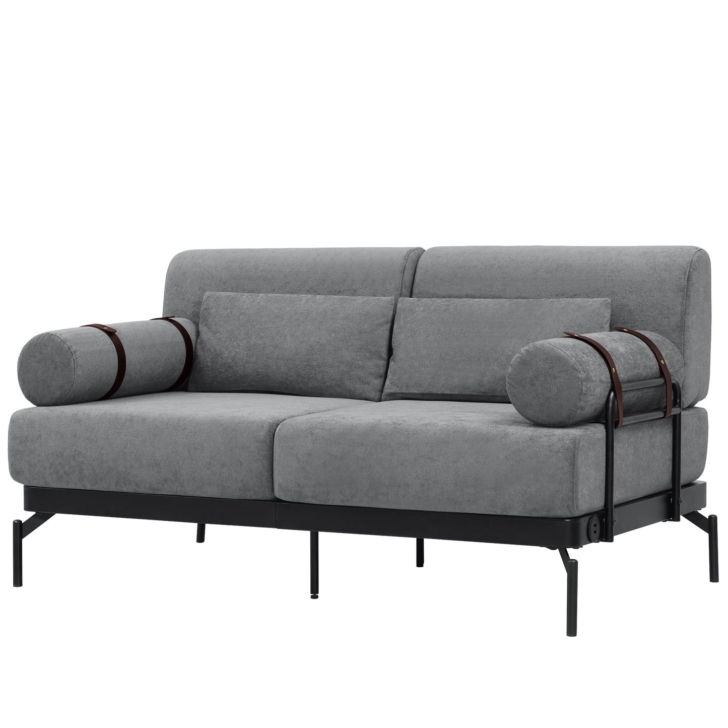 NEW Modern Grey Chenille 2 Seater Loveseat 59' Sofa Couch with USB Ports Unique Cylindrical Armrests