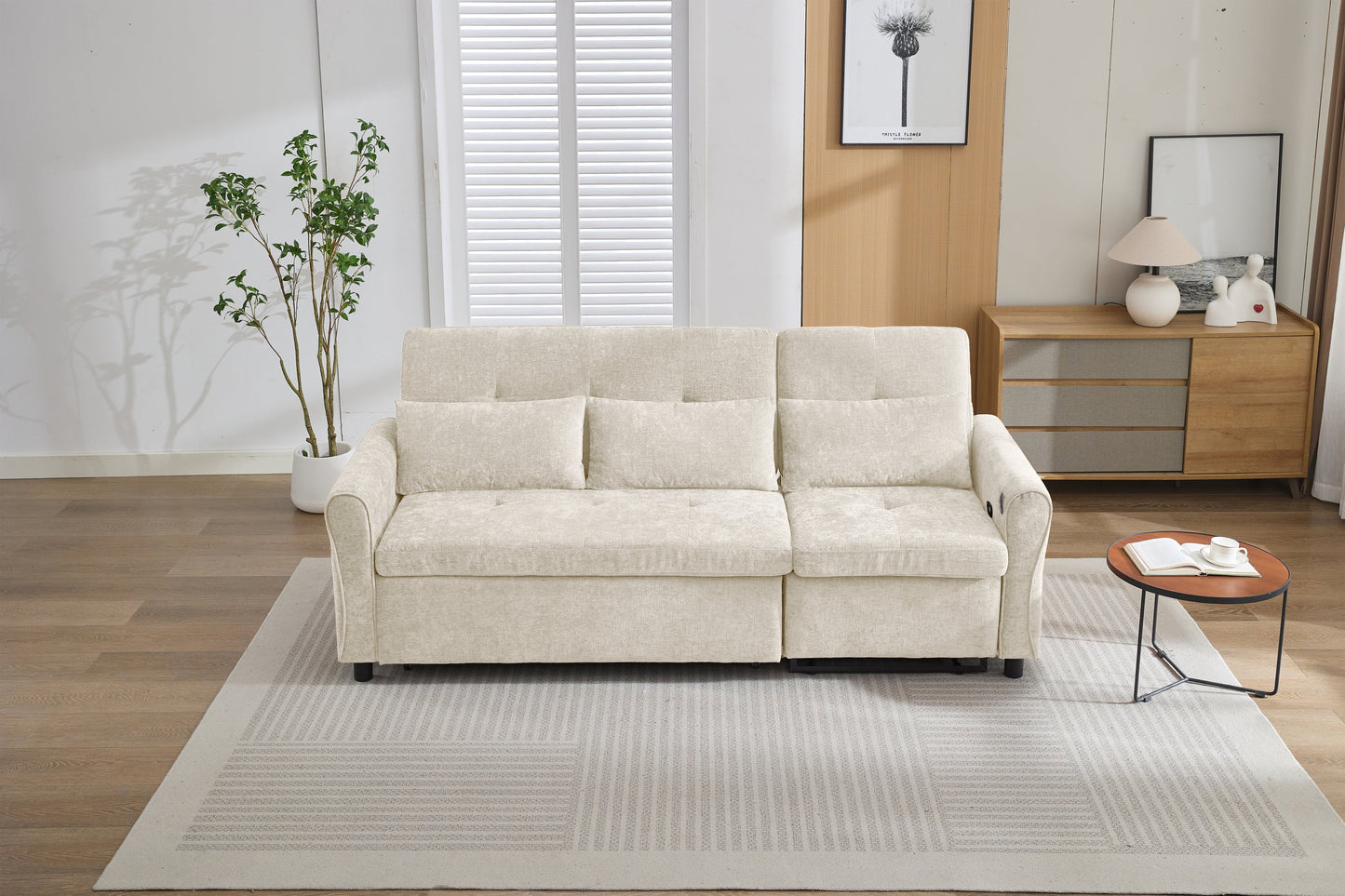 NEW Beige 82' Chenille Upholstered Two-in-One  Three-Seat Sofa with Pull-out Bed