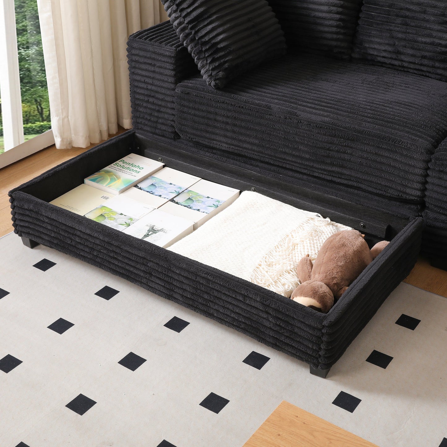 NEW 108.6' Black Thickened Corduroy L-shaped Chaise Sectional Sofa Couch with Storage Ottoman Eight Throw Pillows