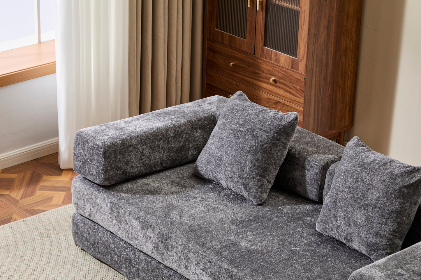 NEW Floor Couch,Compression Sofa,Convertible Floor Sofa Bed-with Pillow Back Support Armrest,Comfy Futon Couch Lounge Sleeper Bed,Chenile fabric,for Living Room Bedroom (DARK-GREY)