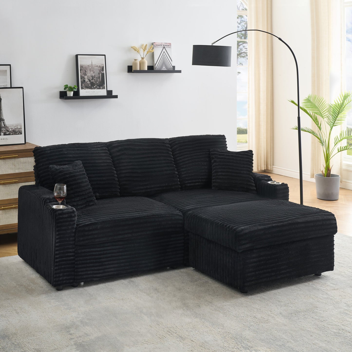 NEW 80' Corduroy Multi-Function Sofa with Hidden Reclining, Space Saving Design, Armrests, Cup Holders and Removable Footstool, Black
