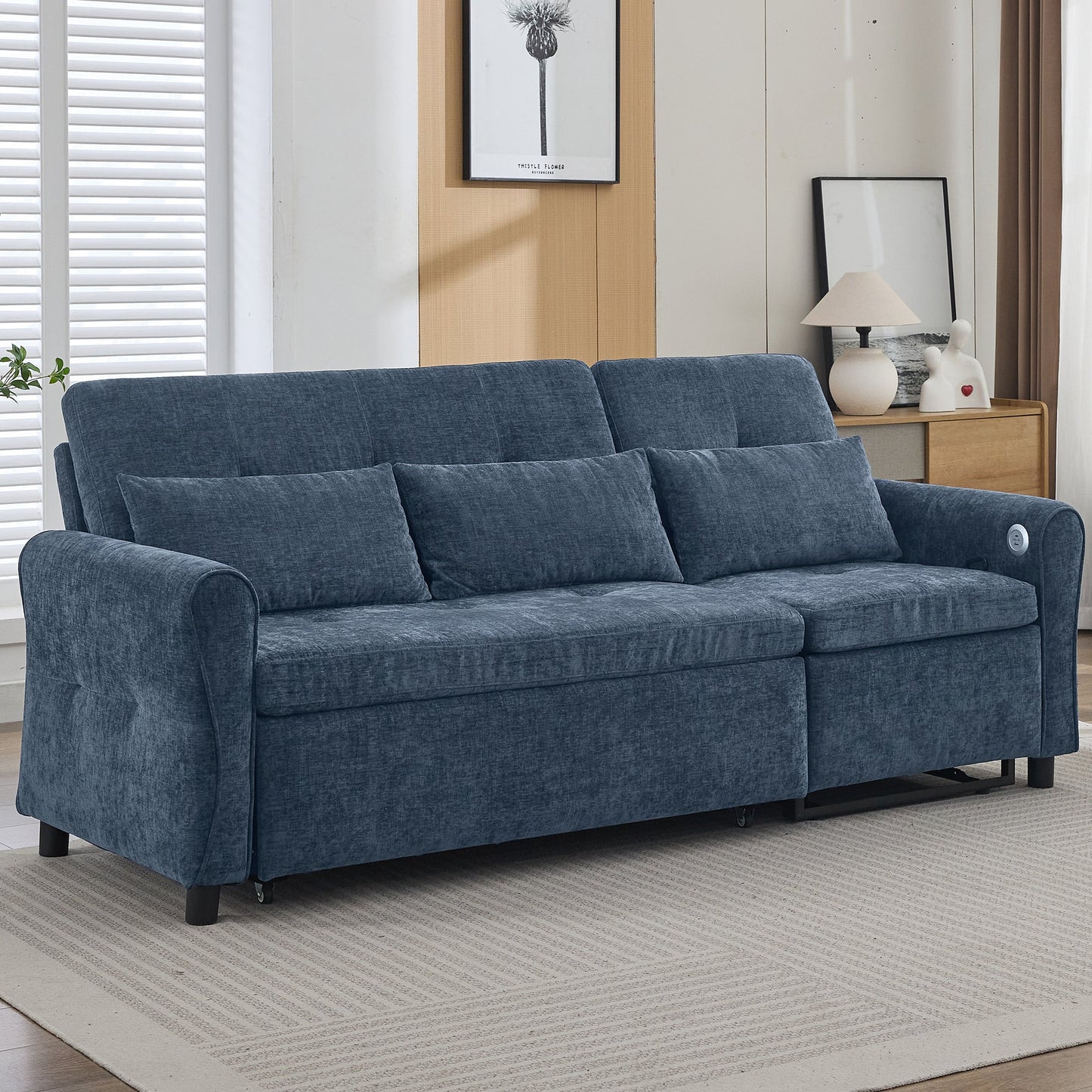 NEW 2-in-1 Sofa 82' Three-seater Sofa with Sofa Bed and Reversible Recliner, Blue Chenille