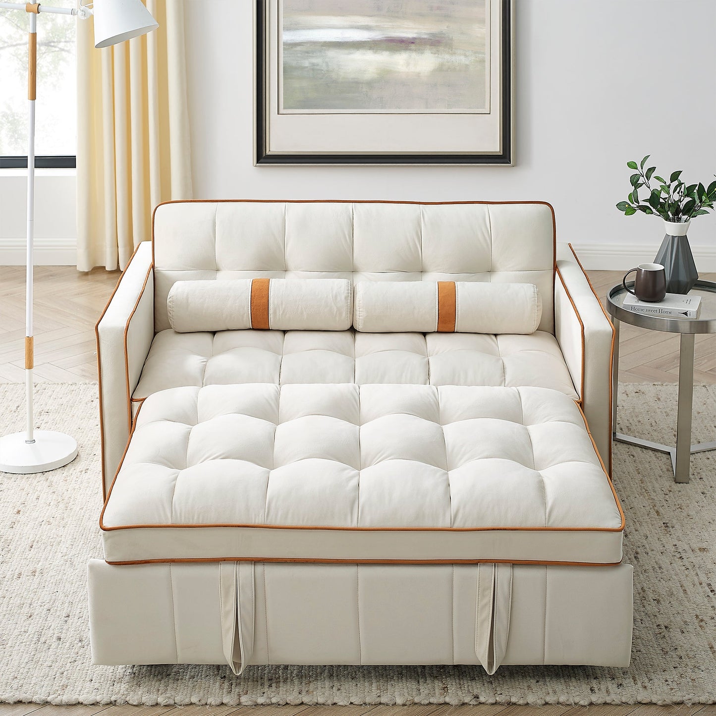 NEW Modern 55.5' Pull Out Sleep Sofa Bed 2 Seater Loveseats Couch with Side Pockets and Adjustable Backrest
