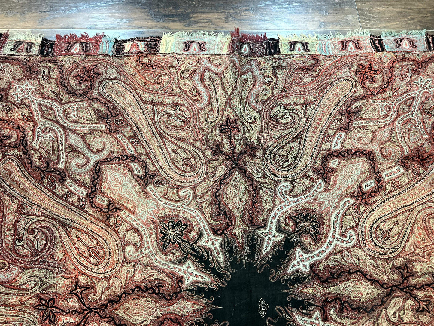 USED Antique Indian Kashmiri Shawl, Needlework, Signed By Masterweaver, Handmade, Rare