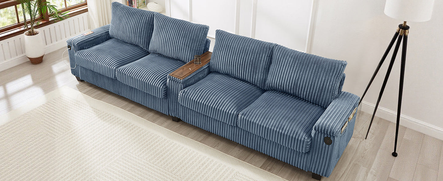 NEW Modern 4-Seater Corduroy Sofa Couch with USB Ports, Hidden Storage, Flip-Top Cup Holders, Blue, 133'