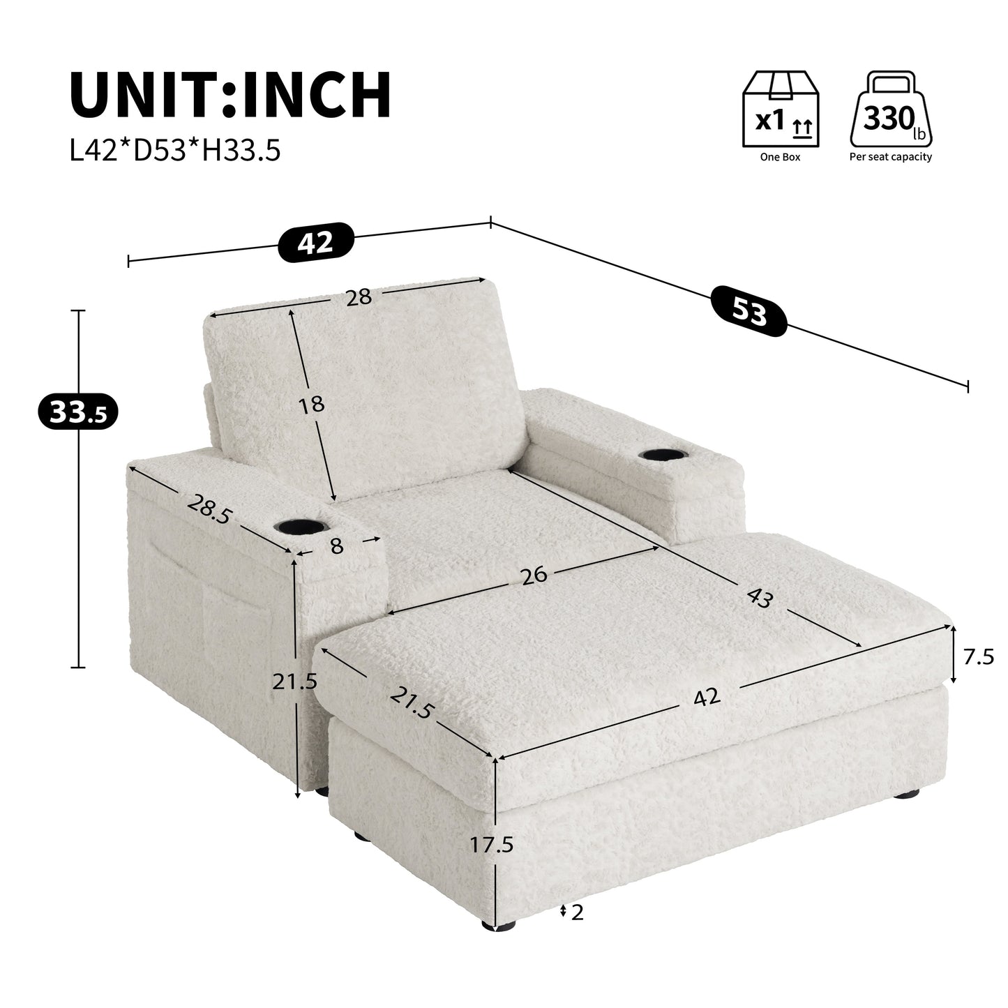 NEW Luxurious Faux Rabbit Fur Oversized Chaise Lounge Sofa Bed with Storage Ottoman Armrests and Cup Holders