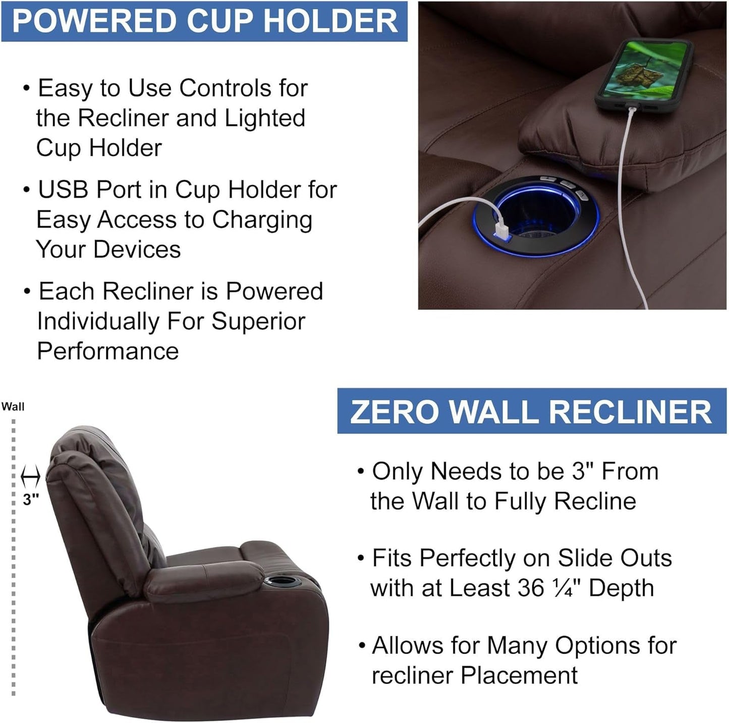 NEW 67 Inch Powered RV Wall Hugger Recliner Sofa Mahogany