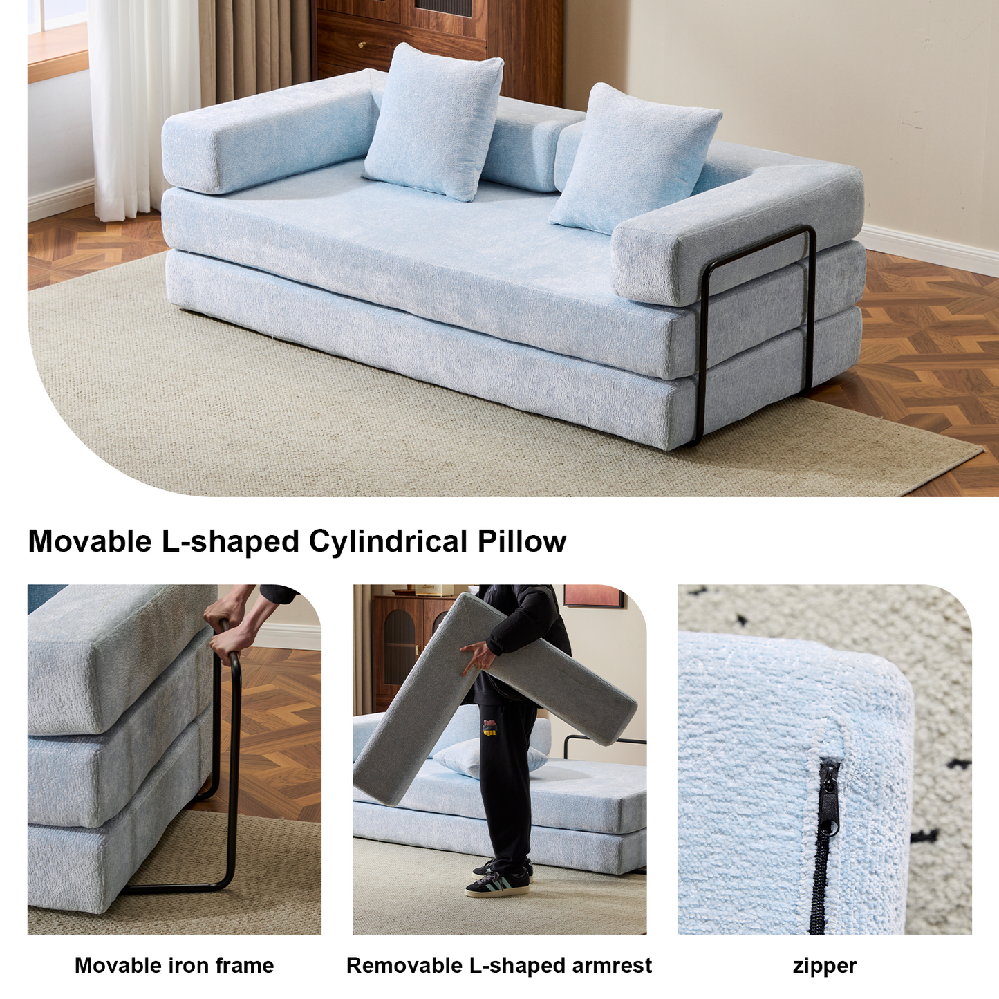 NEW Light Blue Chenille Fabric Floor Couch Compression Convertible Sofa Bed with Pillow Back Support Armrest Comfy Futon Couch Lounge Sleeper Bed