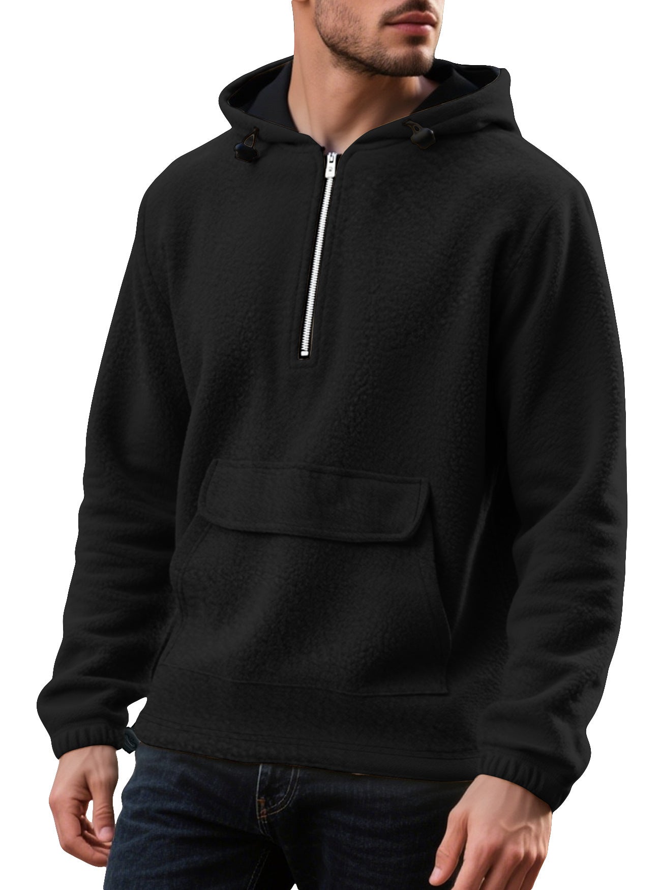 New Padded Fleece Sweater Solid Color Half Zip Hooded Work Clothes Pullover
