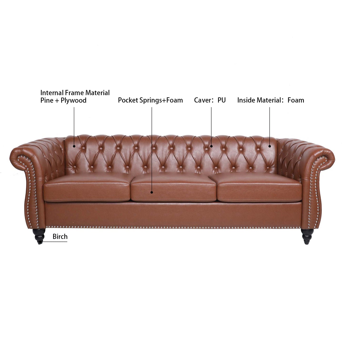 NEW Classic Chesterfield Three Seater Sofa Brown PU Leather with Rolled Arms and Birch Legs 84.65 Inches