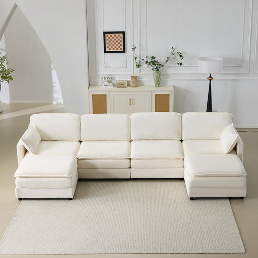 NEW 136' Plush Cloud 3-seater Sofa: Modular 4-seater Sofa + 2 Footstools with 22' Beige Chenille Cushions + 2 Throw Pillows - Compact Size for Apartment, Living Room, Bedroom (Beige)