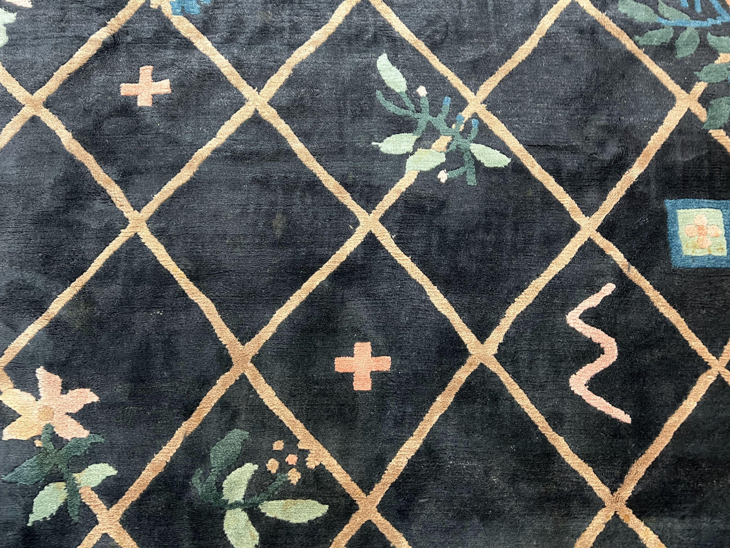 USED Tibetan Rug 9x12, Hand Knotted Tibet Nepali Contemporary Carpet 9 x 12 ft, Black and Tan, Handmade Area Rug Room Sized, Nepalese Rug