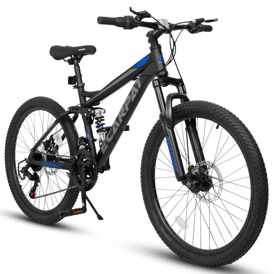 NEW A2460 24 Inch Mountain Bike with Full Suspension, 21 Speed Grip Shifters, High Carbon Steel Frame, Mechanical Disc Brakes, Unisex for Men/Women/ Adults, Ideal for Trails.