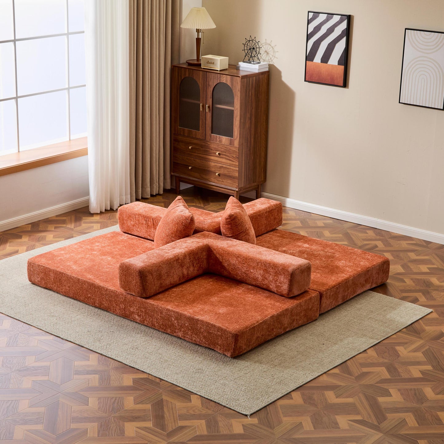 NEW Orange Chenille Fabric Comfy Futon Couch Lounge Sleeper Compression Convertible Floor Sofa Bed Couch with Pillow Back Support Armrest Bed