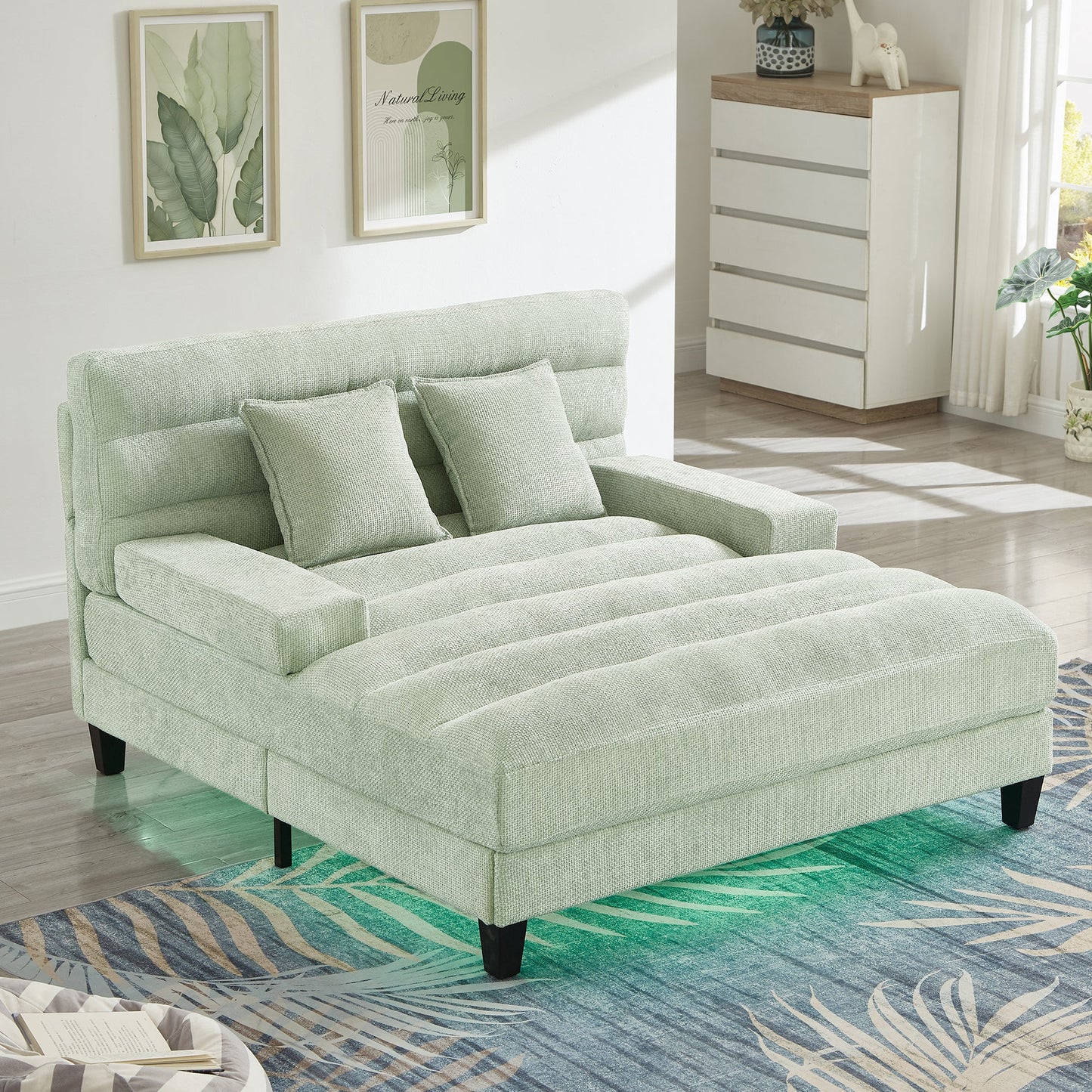 NEW Modern Chaise Lounge Sofa Bed with Adjustable Backrest and LED Light Strip, Green Chenille Upholstered, 57.1 Inches