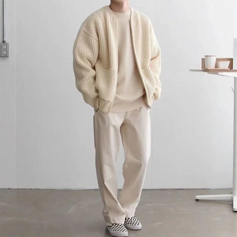 New Men Zip Up Knitted Cardigan Lined Funnel Neck Jumper Sweater Pockets Coat All Seasons Comfortable Soft Long Sleeve