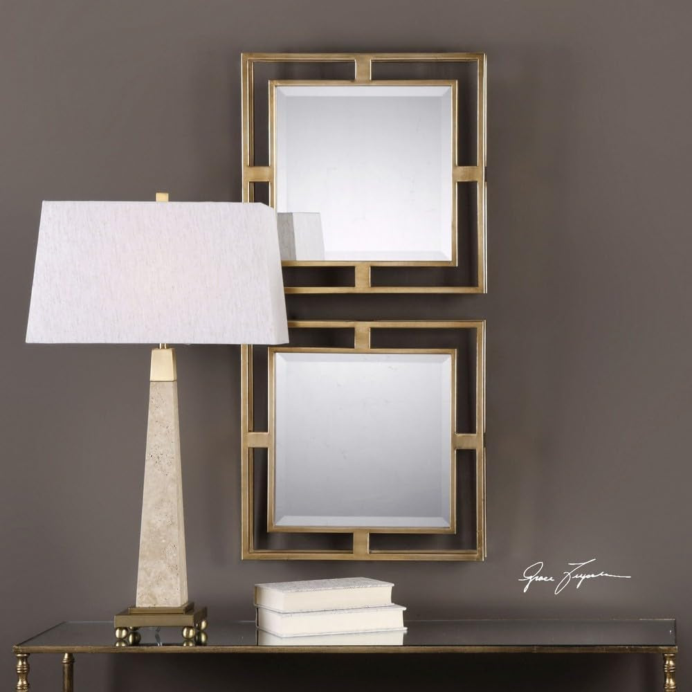 NEW Allick 18 Inch Square Mirror Antiqued Gold Set Of 2