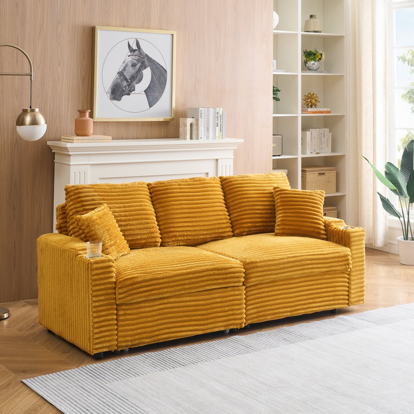 NEW Orange Corduroy Fabric 80 inch Two-in-One Pull-Out Sofa Foldable and Hidden Reclining Function
