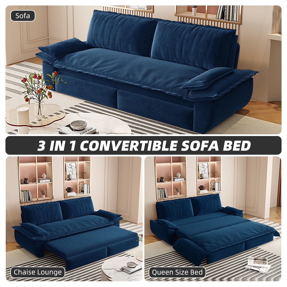 NEW 73.2' Blue Multi-Functional Velvet Loveseat 3-in-1 Convertible Sleeper Queen Pull Out Sofa Bed