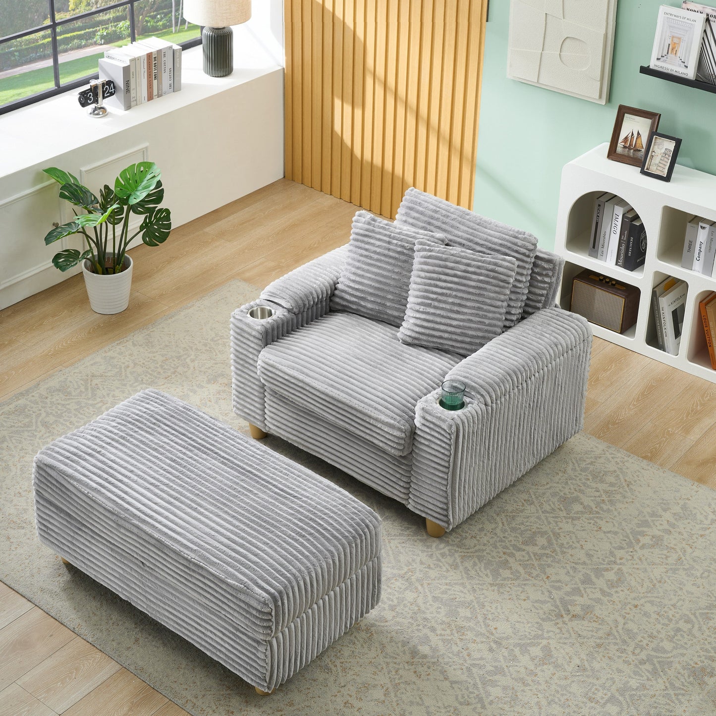 NEW Gray Corduroy Fabric Single Seater Oversized Loveseat with Storage Ottoman