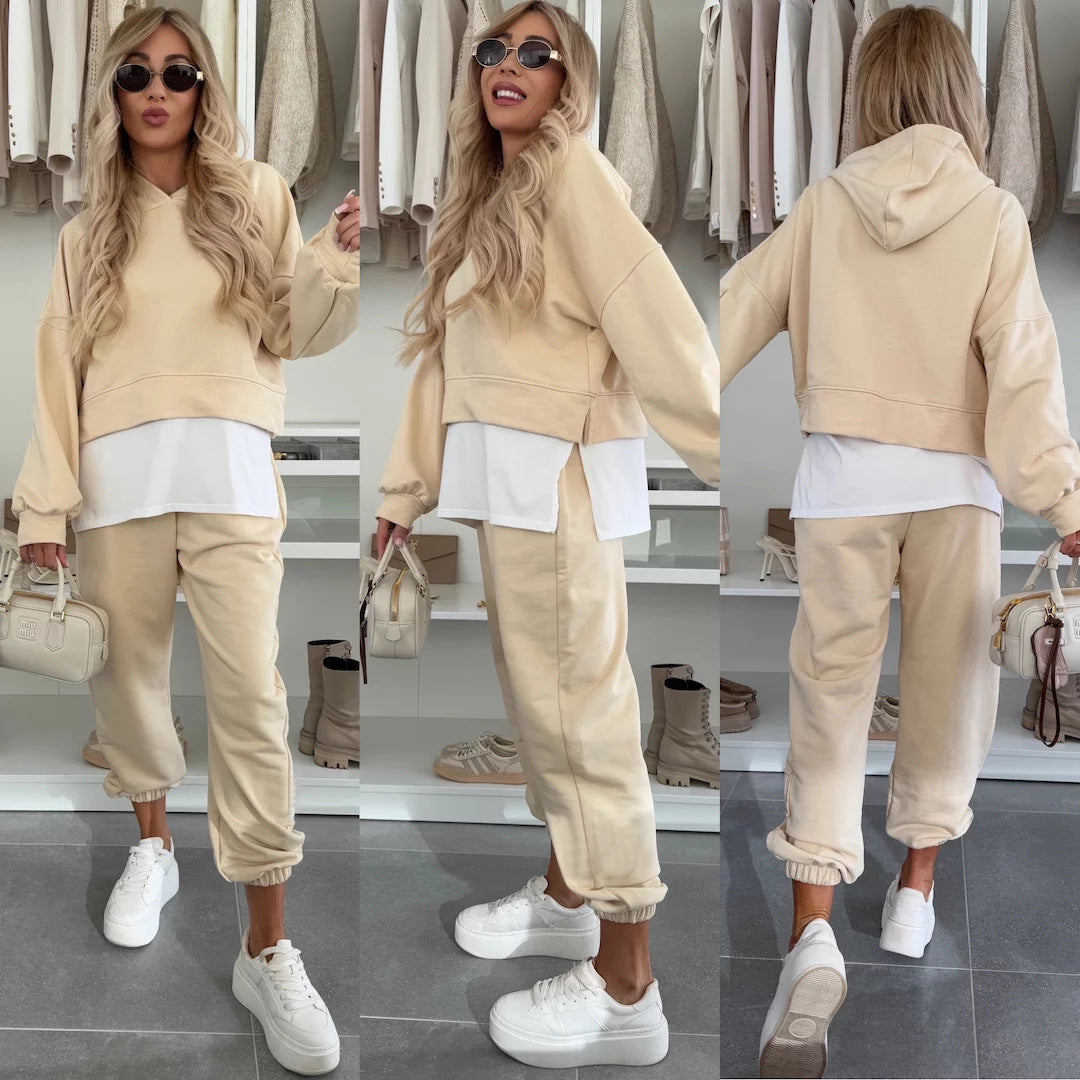 New Hooded Sweatshirt Suit Loose Long Sleeve False Two-piece Tops And Jogger Sports Trousers Casual Spots Set For Women's Clothing
