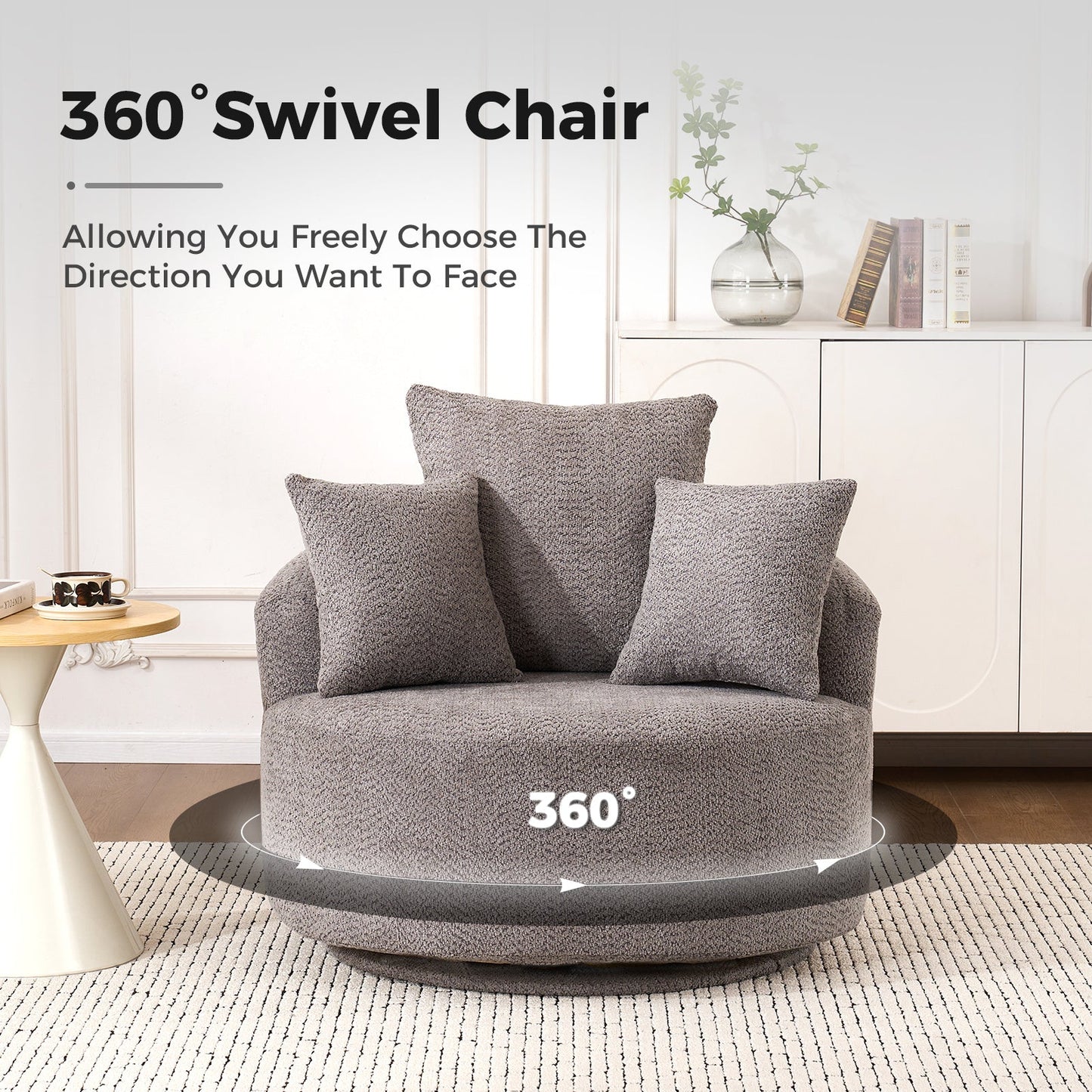 NEW 360° Swivel Round Grey Upholstered Accent Barrel Chair with 3 Removable Pillows