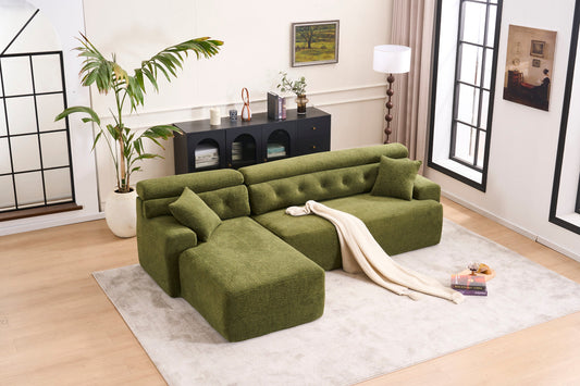 NEW 105' Modula Compression Sponge L-Shaped, Chesterfield-Inspired Design, No-Assembly Chenille Couch, 30D High-Density for Living Room, Bedroom, Apartment.Green.