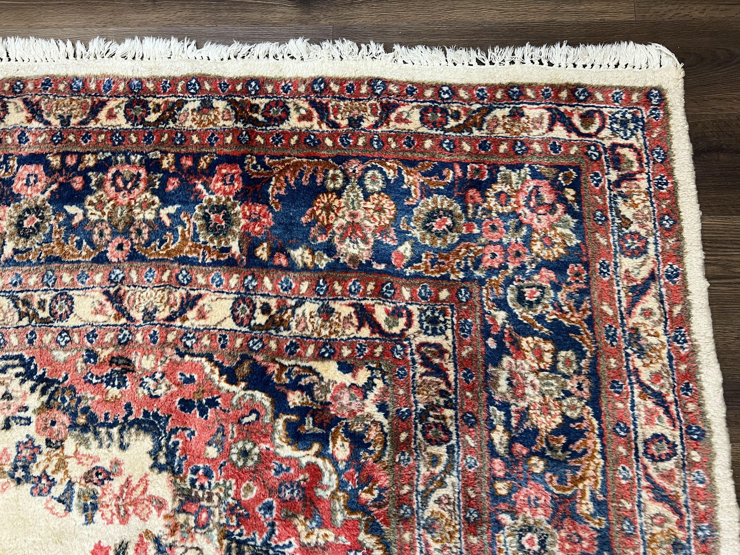 USED Persian Rug 9x10, Hamadan Rug, Antique Oriental Carpet, Wool Rug, Semi Open Field, Cream and Navy Blue, Kirman Design Hand Knotted Almost Square Rug