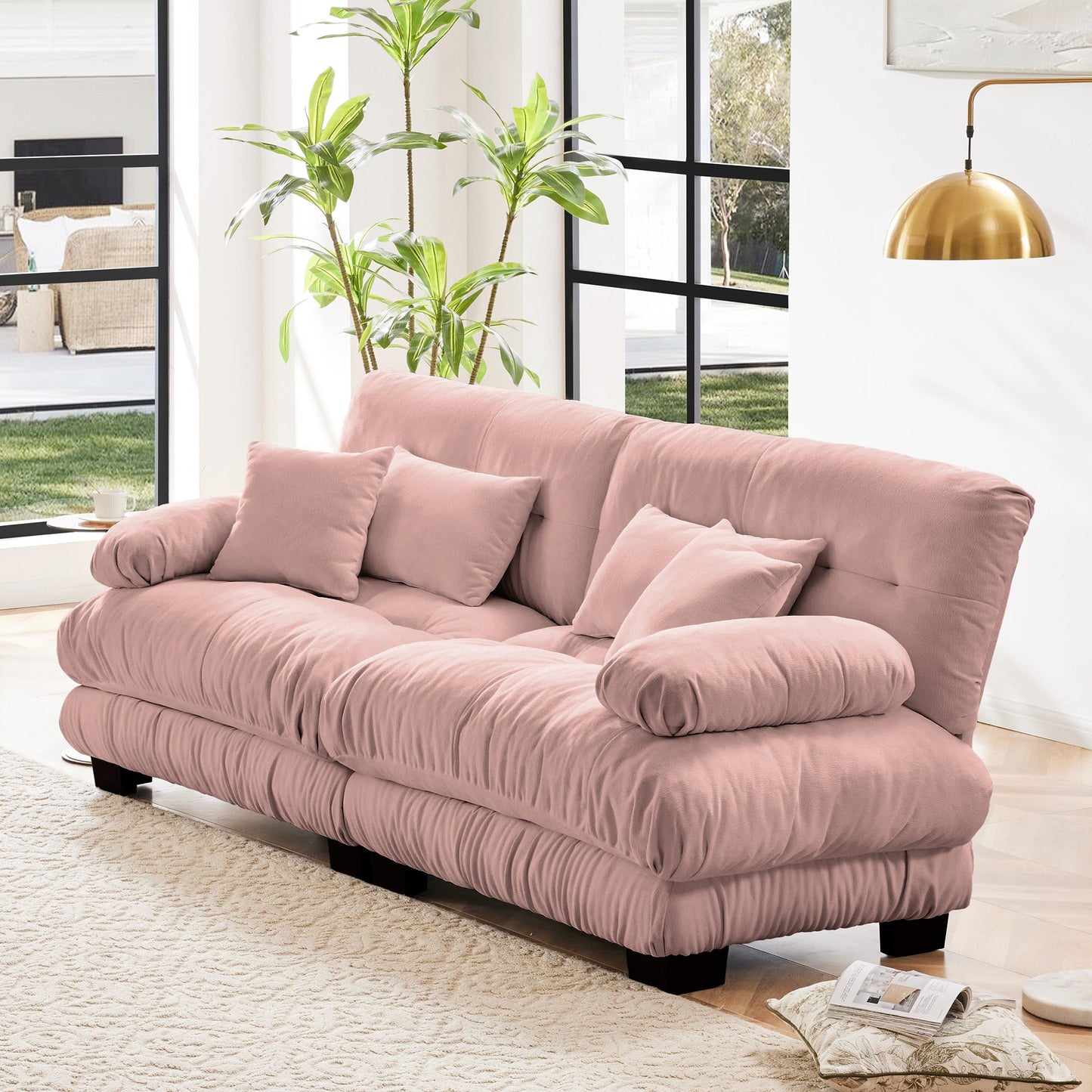 NEW Chenille Pink Cloud 2 Seater Sofa Couch with 2 Lumbar Pillows and 2 Throw Pillows