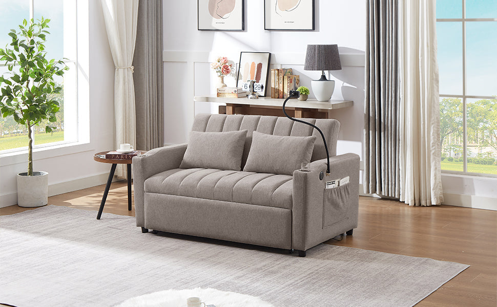 NEW Convertible Sofa Bed Loveseat with USB Ports, Side Pockets, Cup Holders & Swivel Phone Holder, Light Grey Bella Fabric
