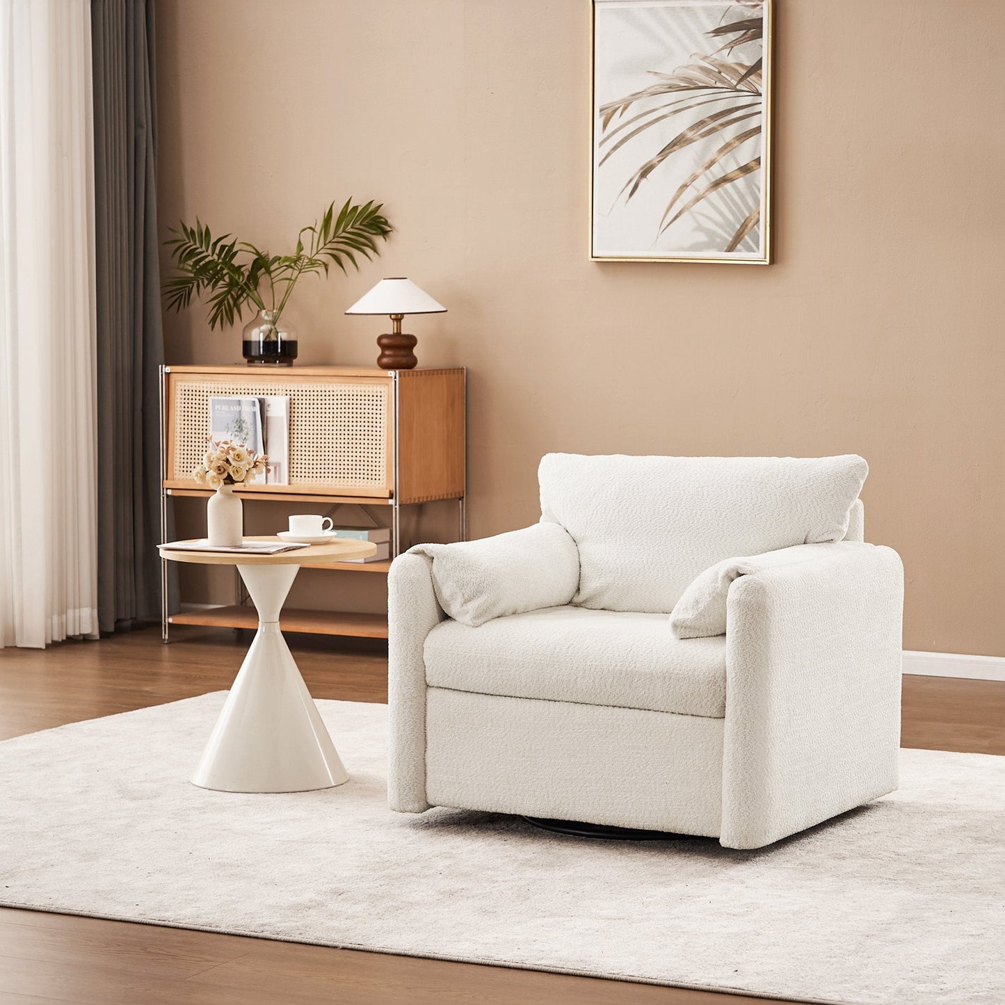 NEW Ivory White Swivel Ergonomic Reading Rotating Modern Single Seat Lounge Accent Chair with Chenille Fabric & High-Resilience Cushion