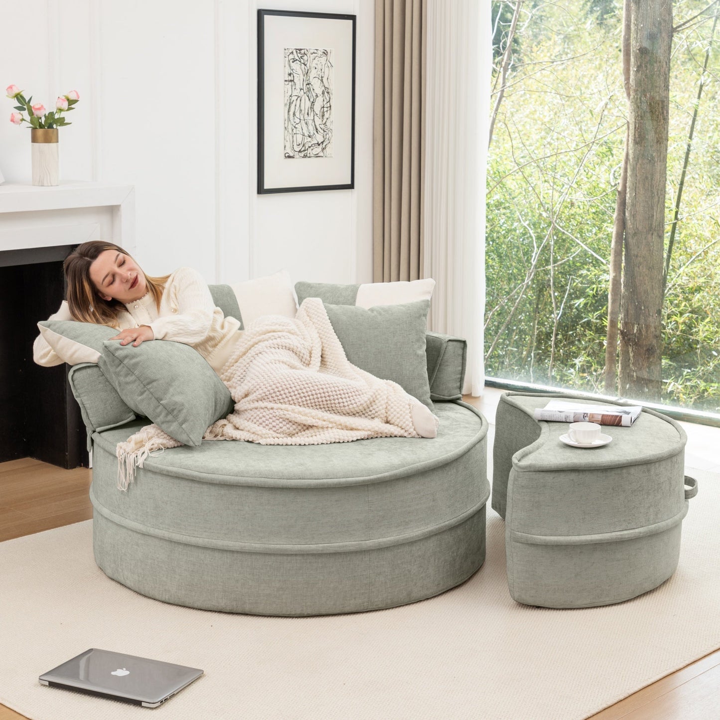 NEW Modern Oversized Blue Round Barrel Accent Chair with Ottoman - Velvet Upholstered Lounge Armchair with 5 Pillows for Living Room or Bedroom