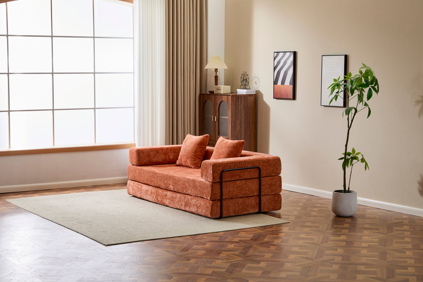 NEW Orange Chenille Fabric Comfy Futon Couch Lounge Sleeper Compression Convertible Floor Sofa Bed Couch with Pillow Back Support Armrest Bed