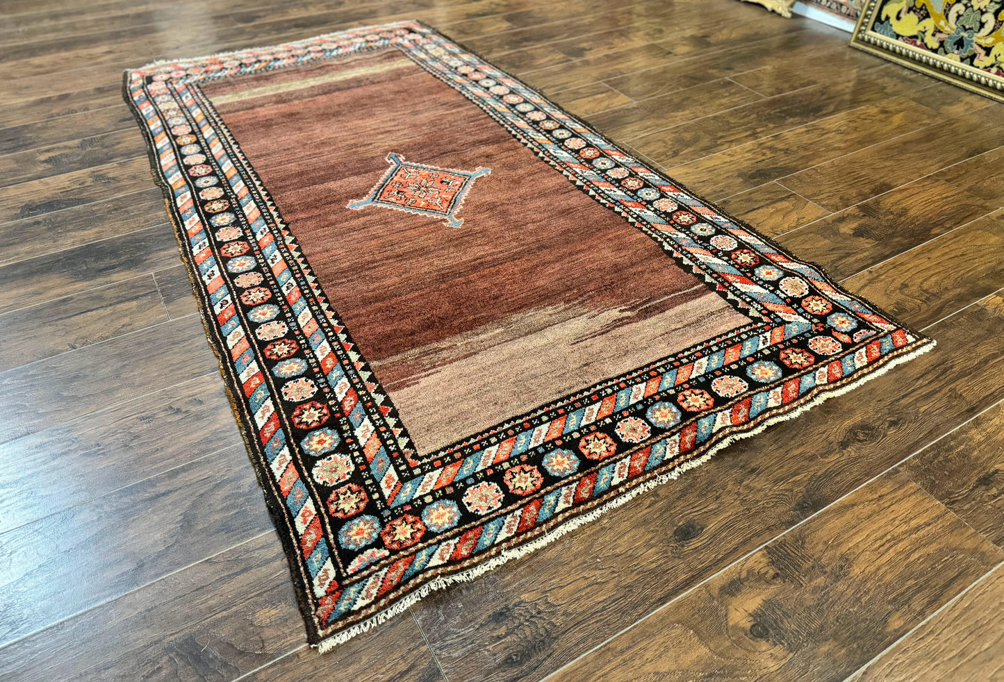 USED Antique Persian Rug 4x7, Sarab Tribal Wool Carpet, Brown and Multicolor, Handmade Wide Runner Rug 4 x 7, Open Field, Rainbow Border