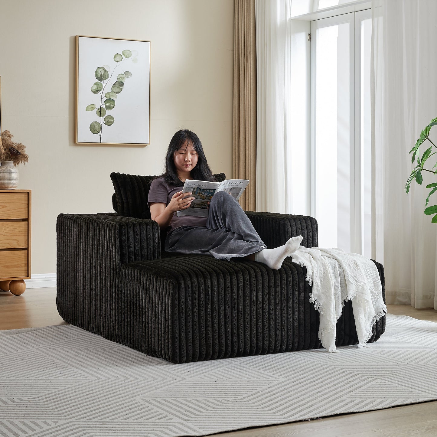 NEW 62.5-Inch Corduroy Sponge Sofa Couch Lounge Fluffy Modern Sleeper Chair