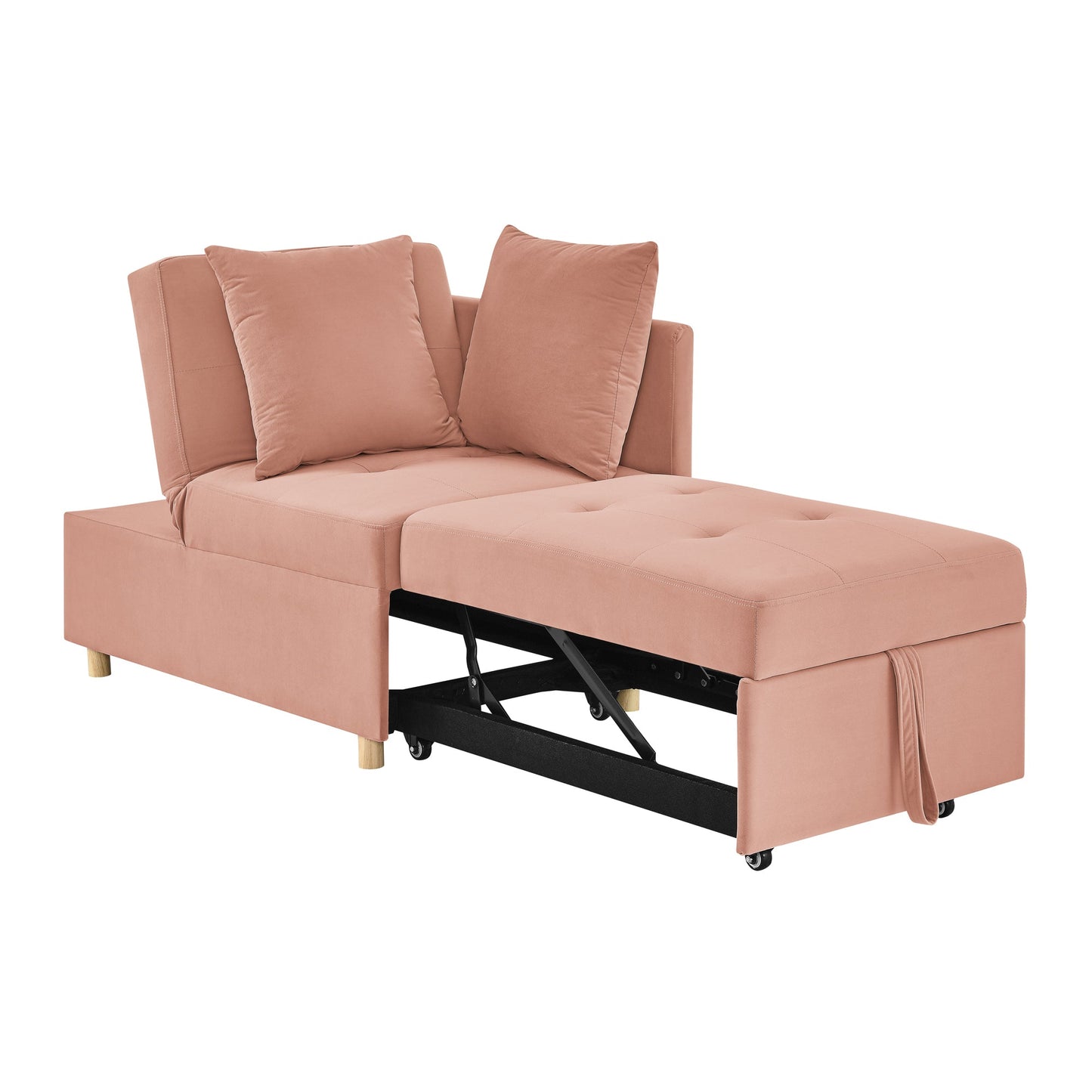 NEW Modern Linen Pink Fabric Convertible Sleeper Sofa Chair Adjustable Backrest Recliner with Pullout Couch Bed with Wheels