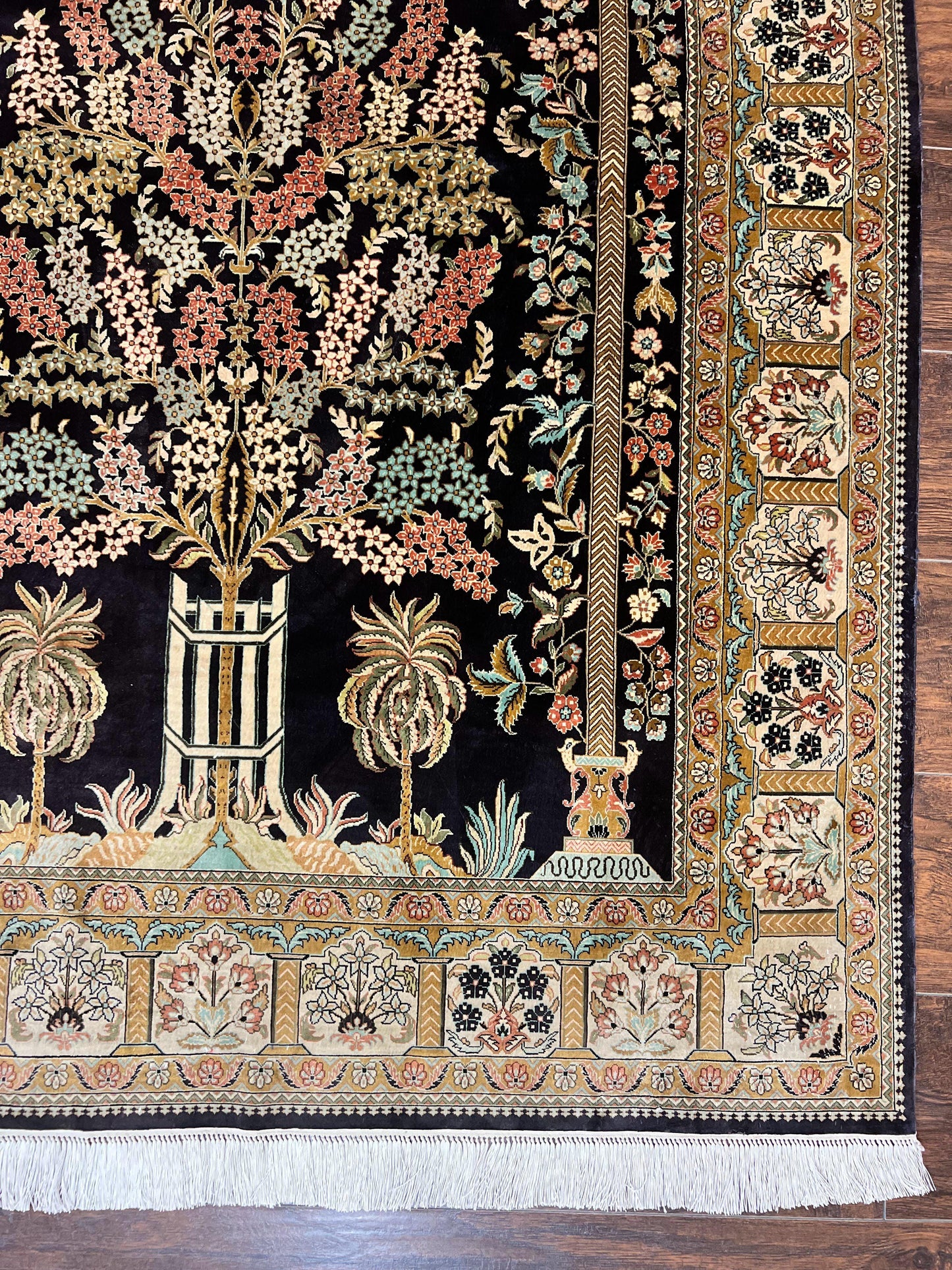 USED Wonderful Sino Persian Silk Rug 4x6, Tree of LIfe Design, Masterpiece 575 KPSI, Birds, Prayer Rug, Black, Silk on Silk